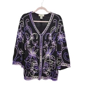 Once Again Ribbon Embroidered Button Front Jersey Knit Cardigan 3X Black Purple